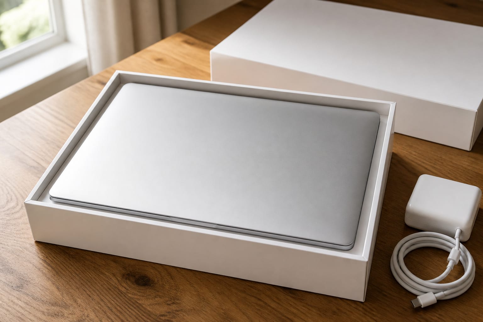 Refurbished laptop in a plain white box with a charger