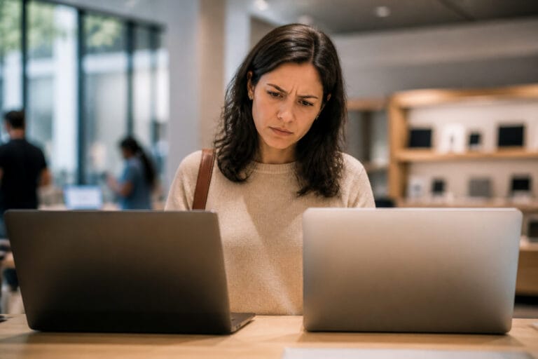 A shopper frowning slightly at two laptops in a store