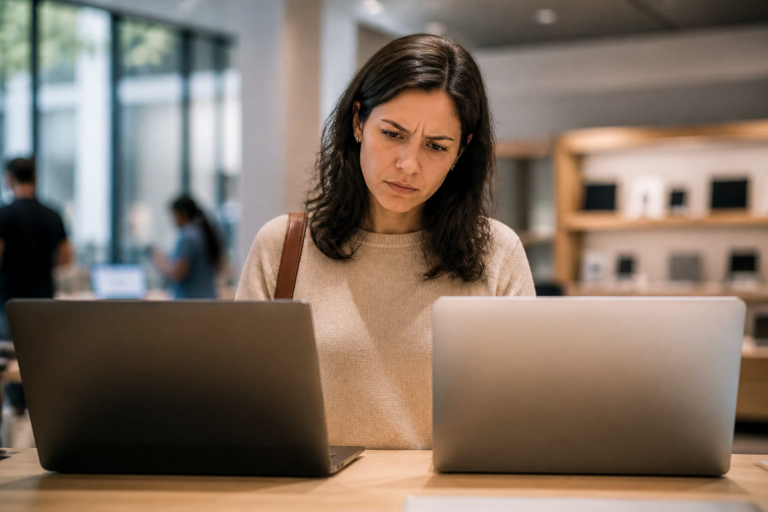 A shopper frowning slightly at two laptops in a store