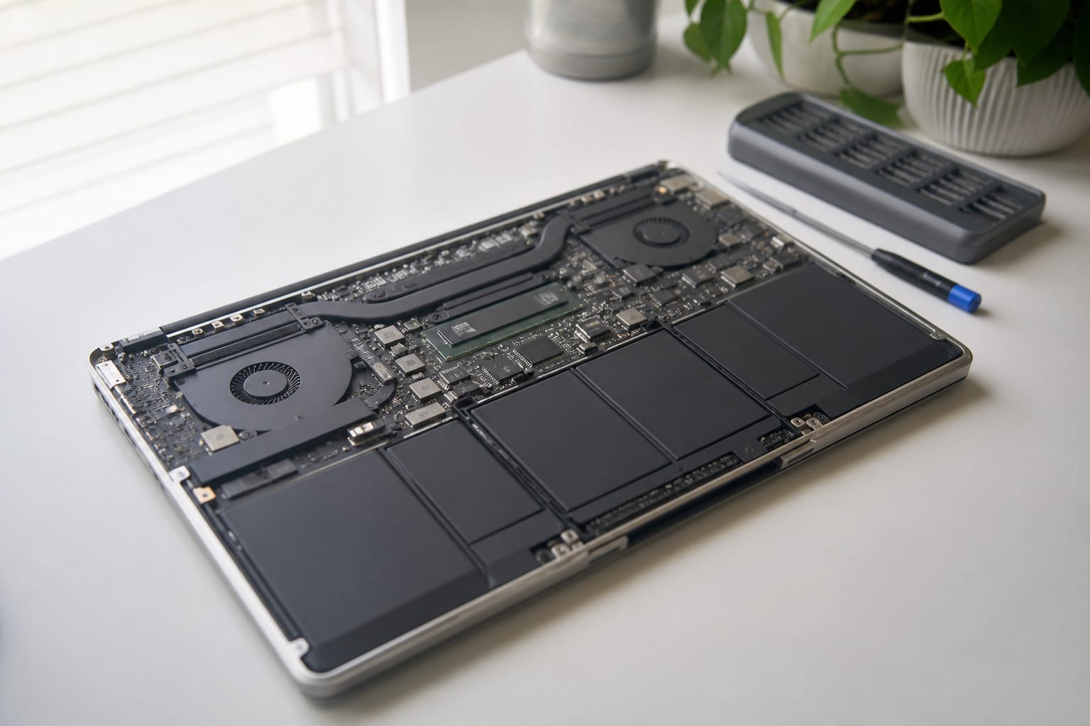 A laptop opened to show its internal parts on a clean bench