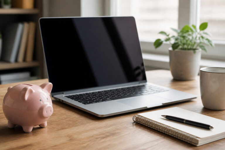 A laptop on a desk beside a piggy bank and a notepad