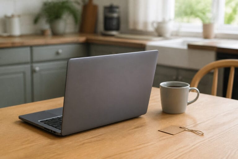 Budget laptop on a kitchen table beside a coffee mug