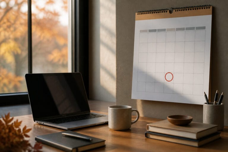 Laptop on a desk beside a calendar with a date circled