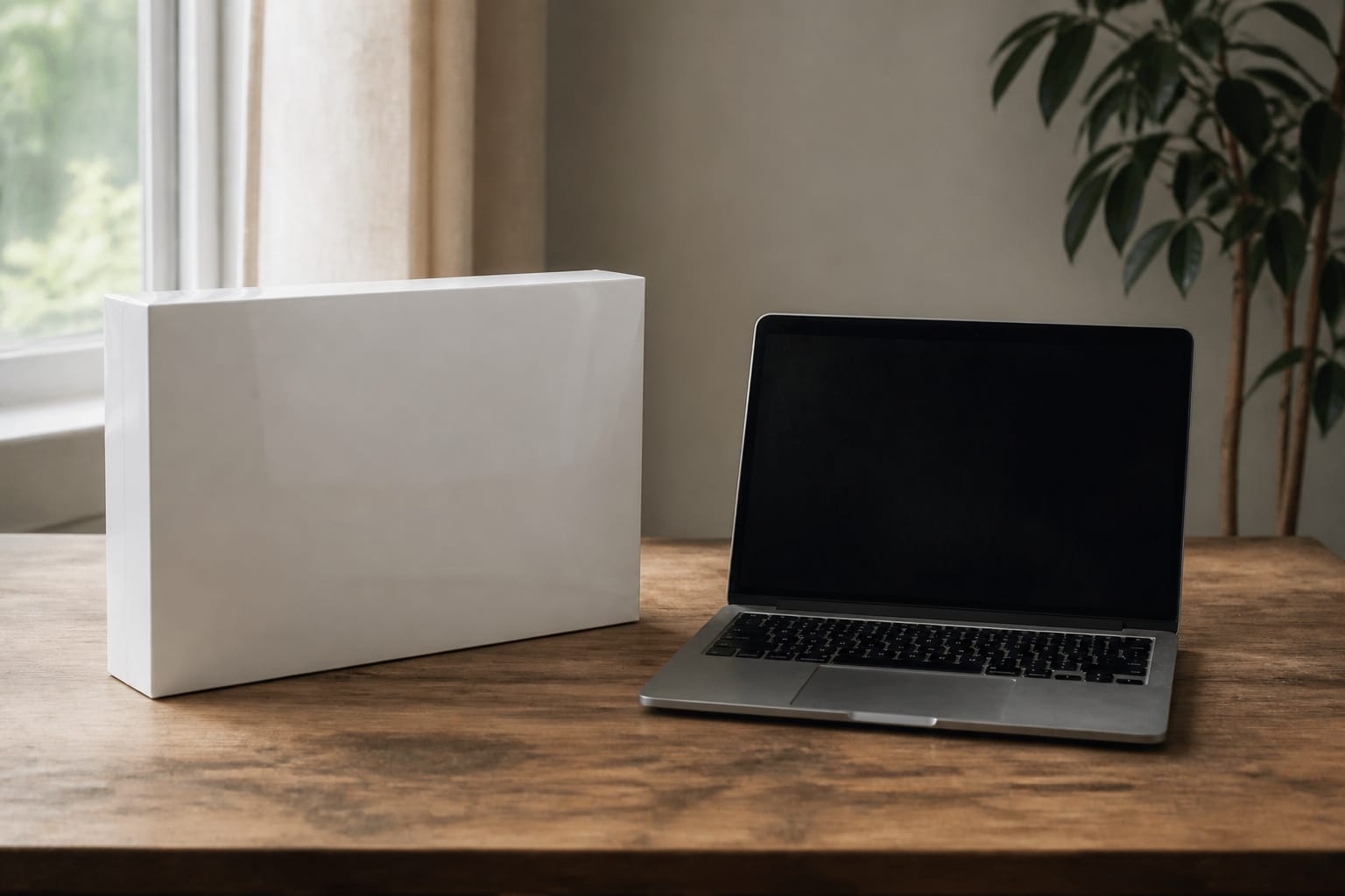 New laptop box beside a used laptop on a table