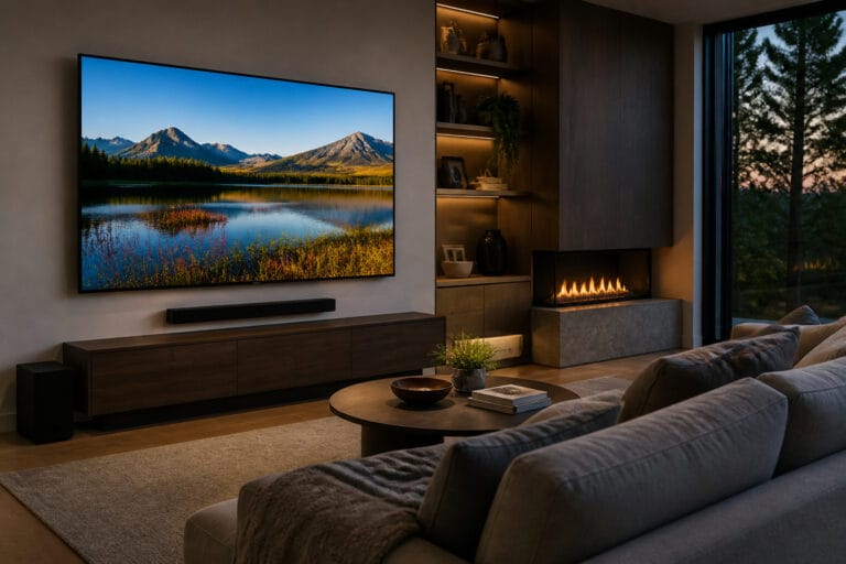 Large TV in a modern living room showing a vivid nature scene