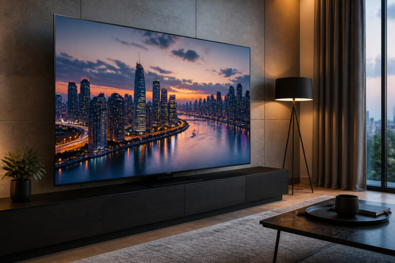 Ultra-sharp TV showing a detailed city skyline