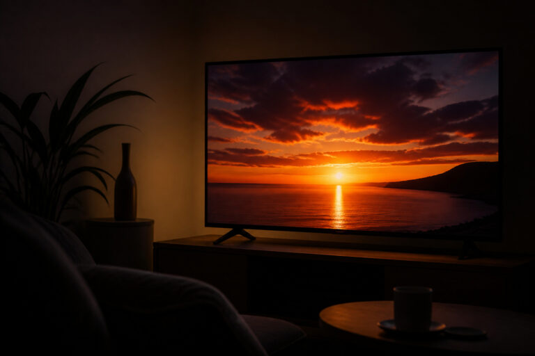 TV showing a high-contrast sunset in a dim room