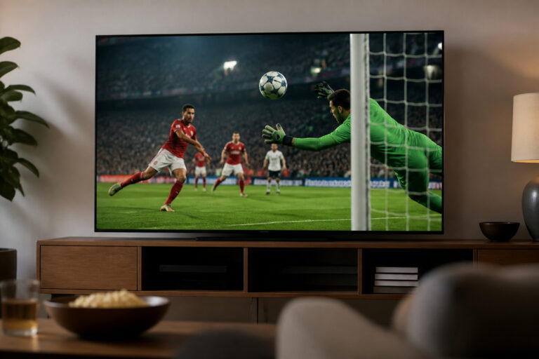 TV showing a fast sports play with a ball in mid-air