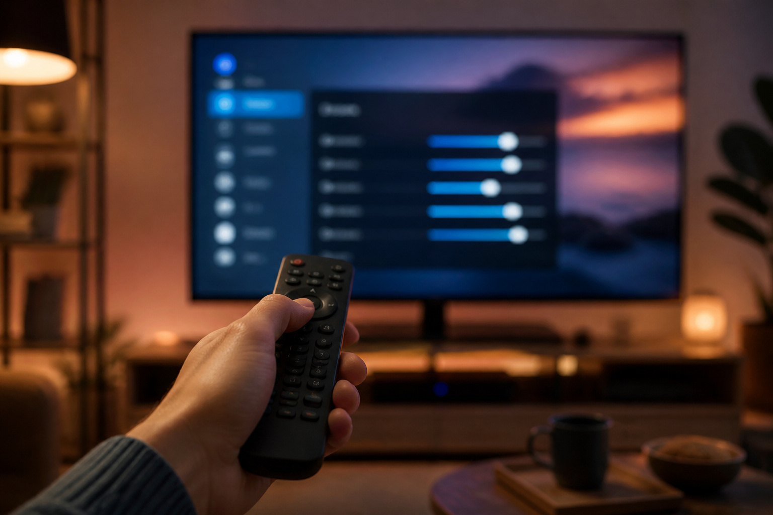 Hand holding a remote in front of a TV settings menu