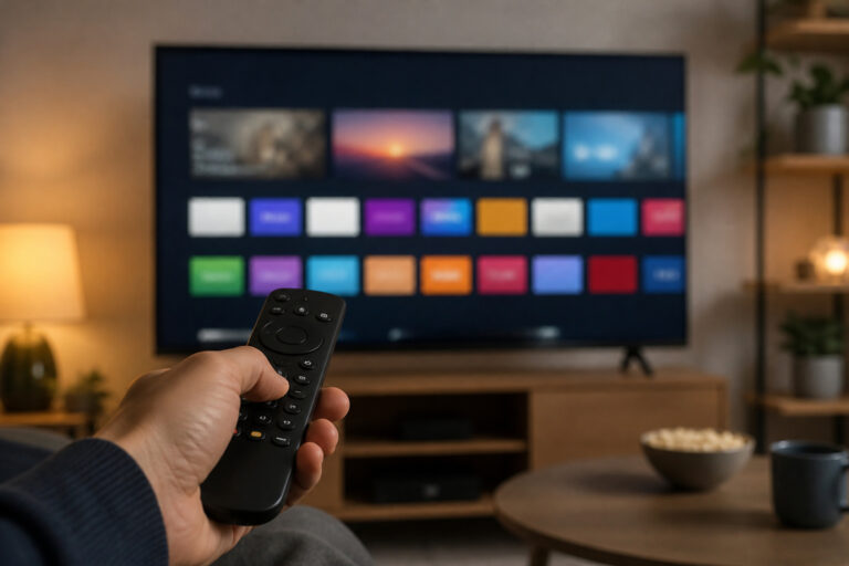 Hand holding a remote in front of a smart TV home screen