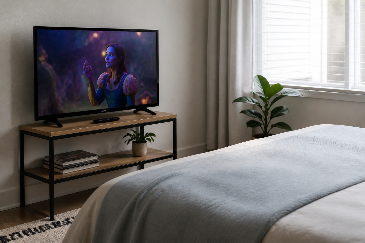 Budget flat-screen TV in a small bright bedroom