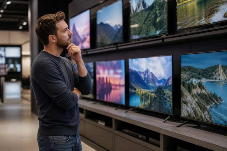 Shopper looking at a wall of TVs in a showroom