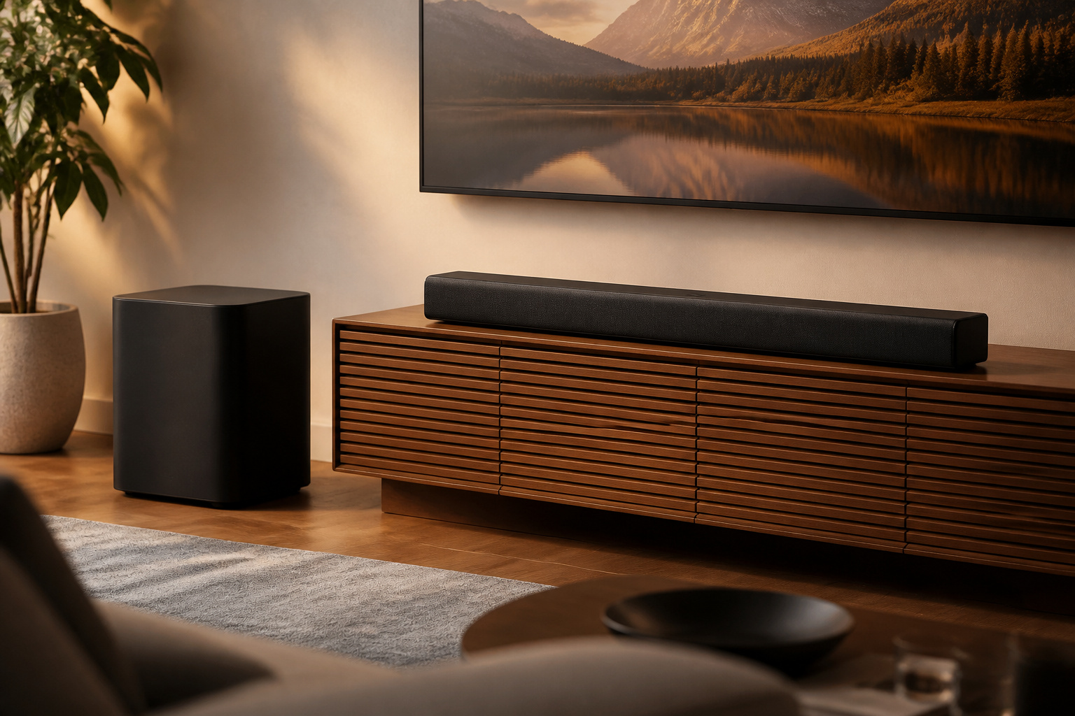Soundbar and subwoofer in front of a TV in a living room