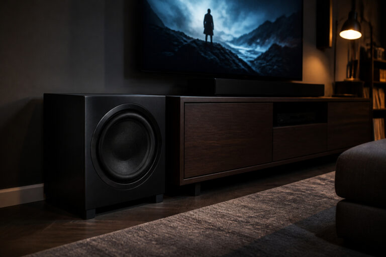 Subwoofer beside a TV stand during a movie