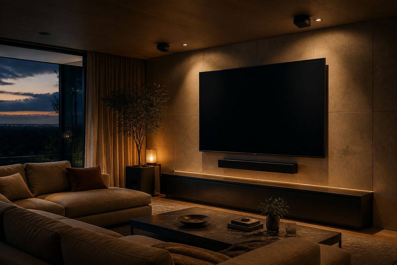 Living room with a soundbar and ceiling speakers for surround sound