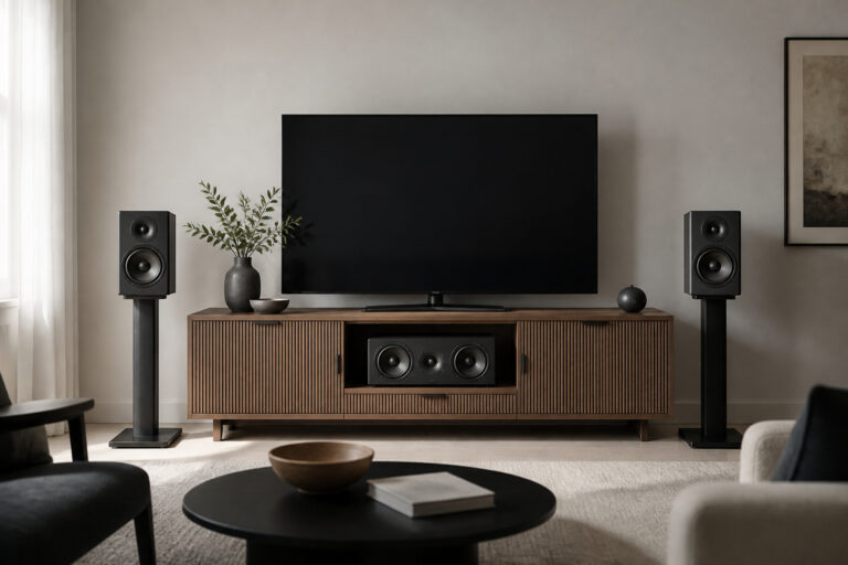 Living room with TV, bookshelf speakers on stands, and a center speaker