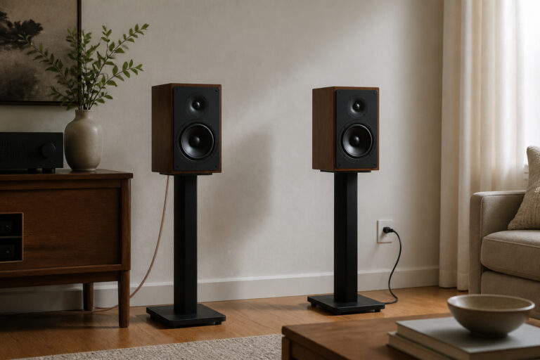 Wired and wireless speakers in a living room