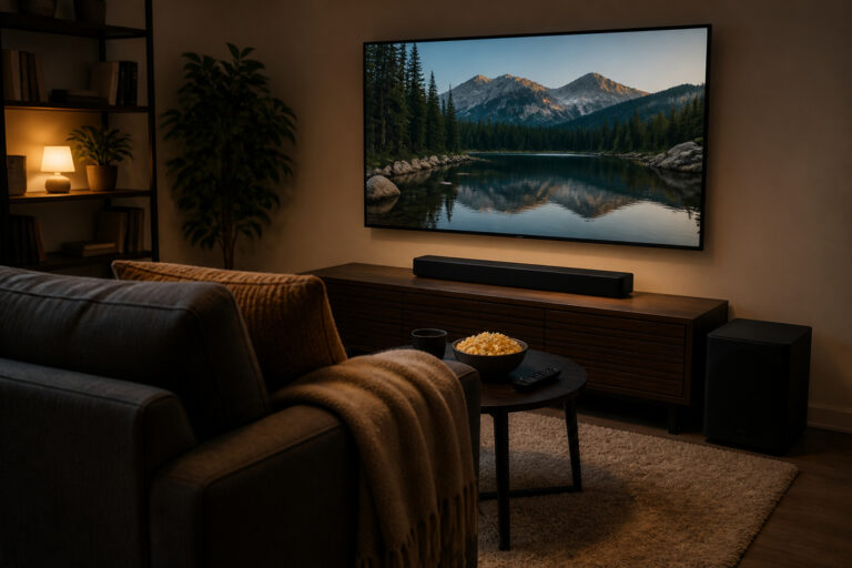 Cozy budget home theater setup in a living room