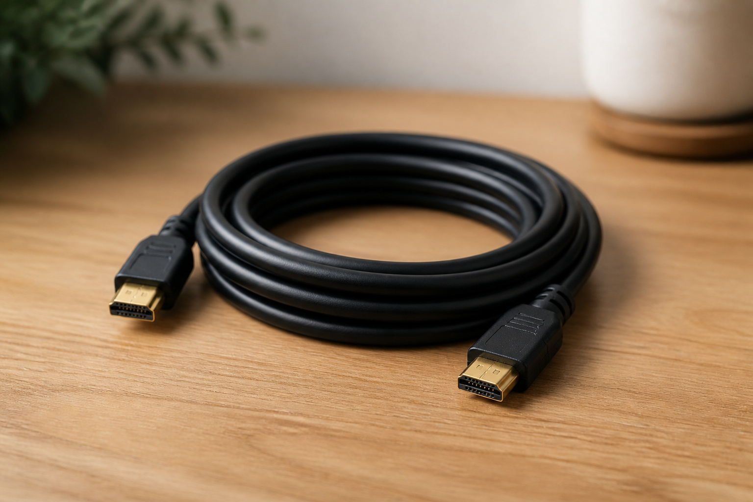 Coiled HDMI cable with gold-colored connectors on a desk