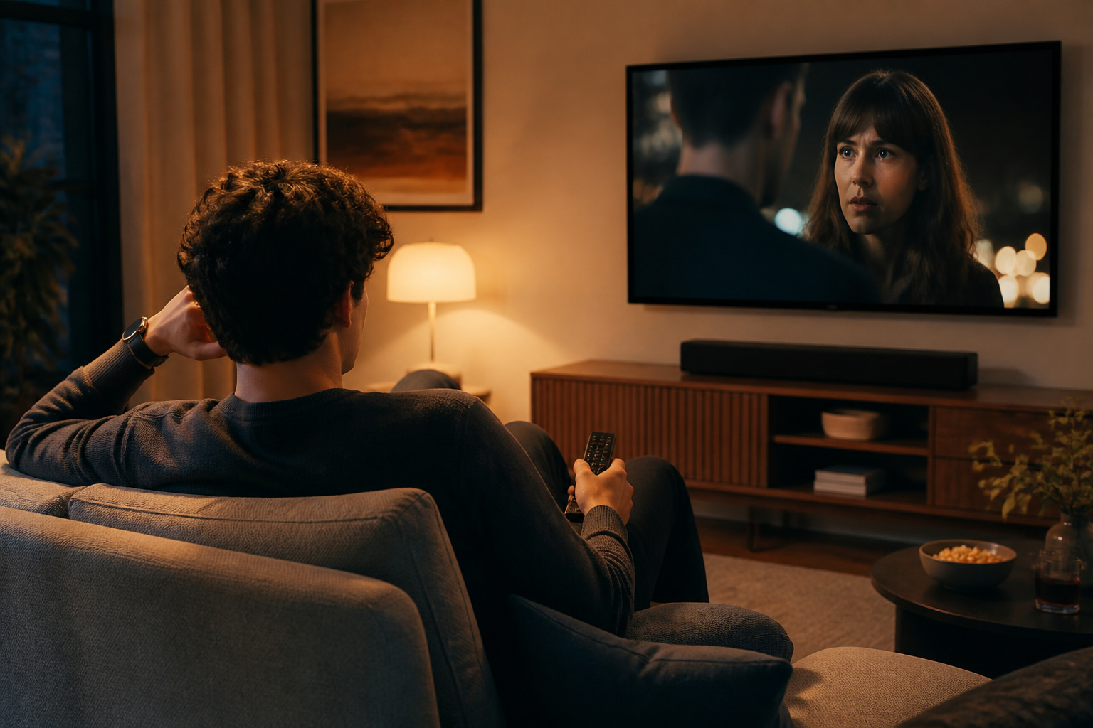 Person listening closely to a TV with a soundbar beneath it