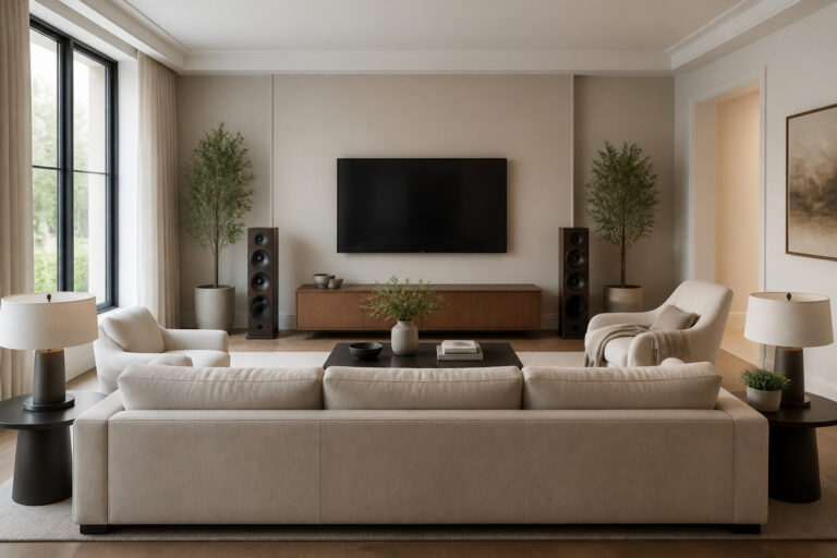 Well-planned living room with a centered sofa facing a TV