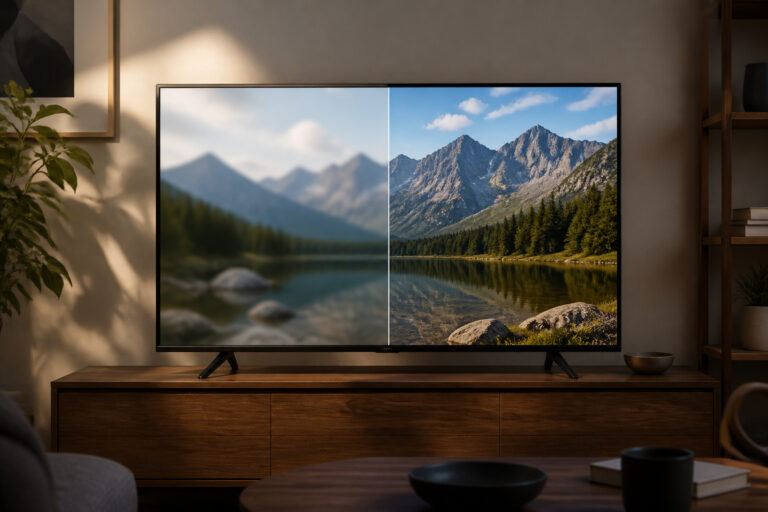 TV showing one blurry half and one sharp half of a landscape