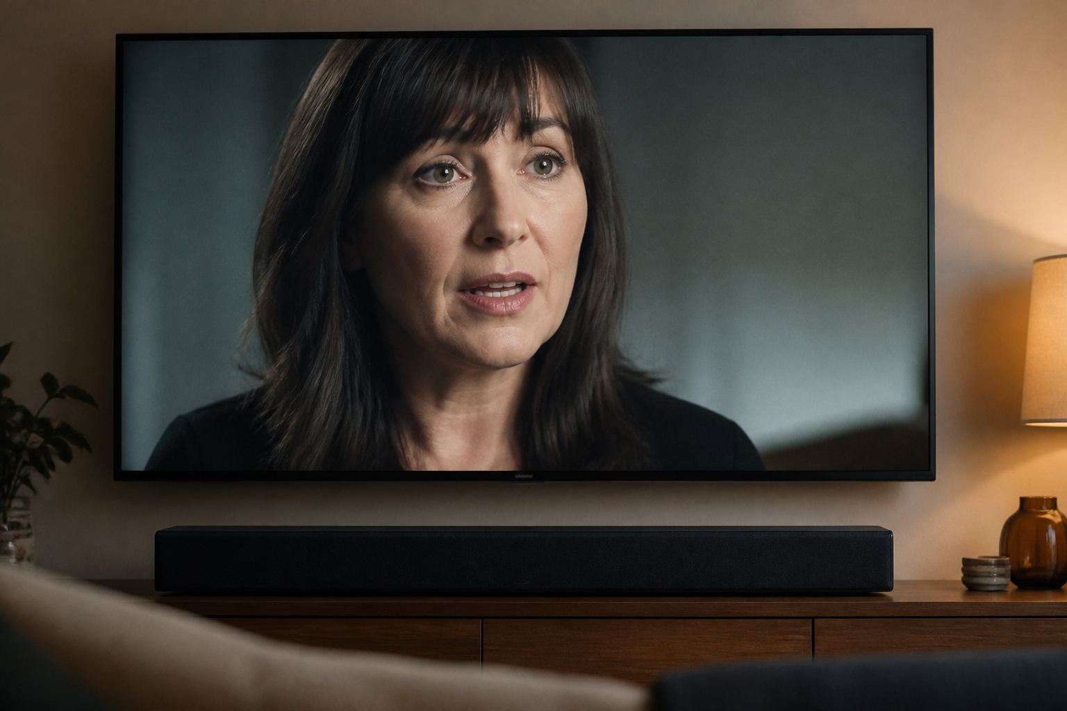 TV showing a person speaking with a soundbar below