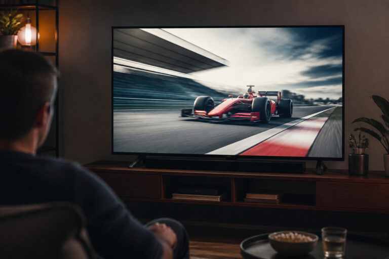 TV showing a fast race car with motion blur