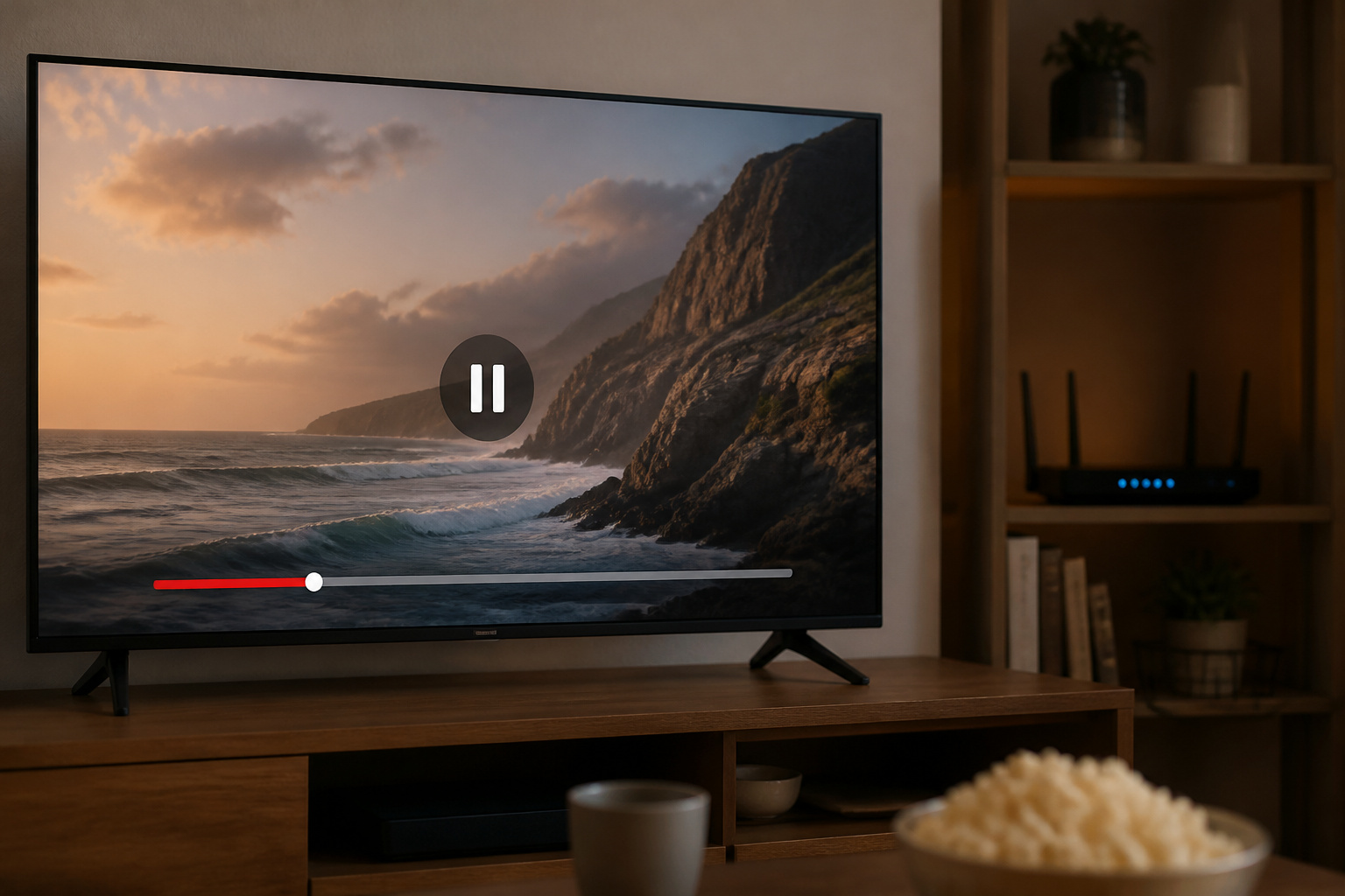 Smart TV paused mid-video with a Wi-Fi router in the background