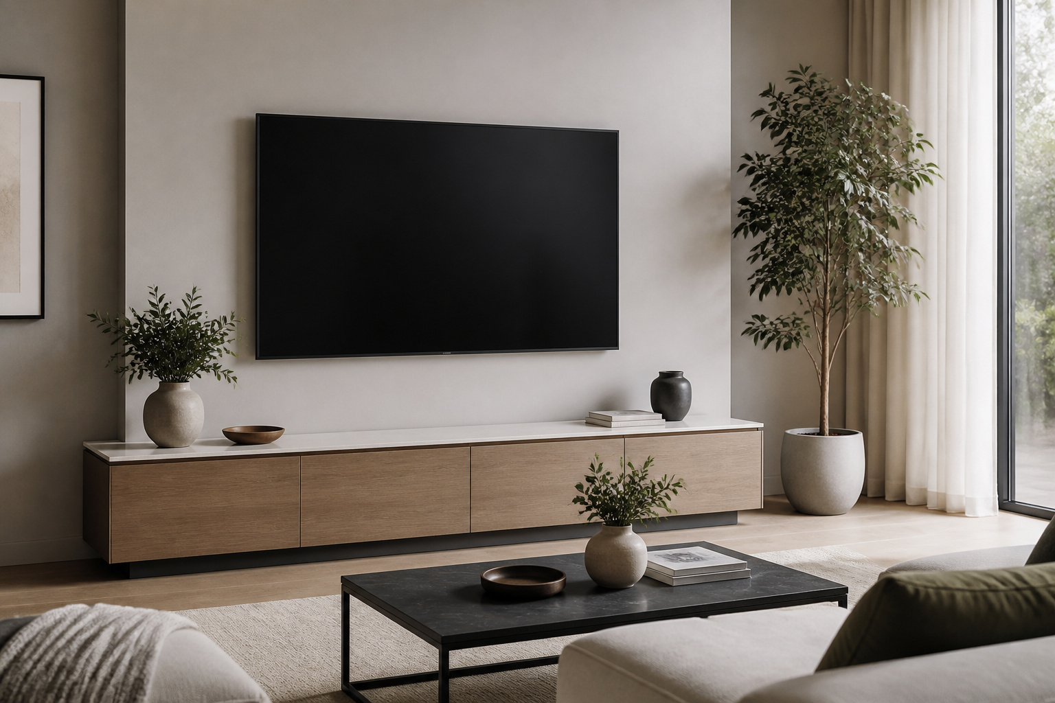 Flat-screen TV neatly mounted on a living room wall