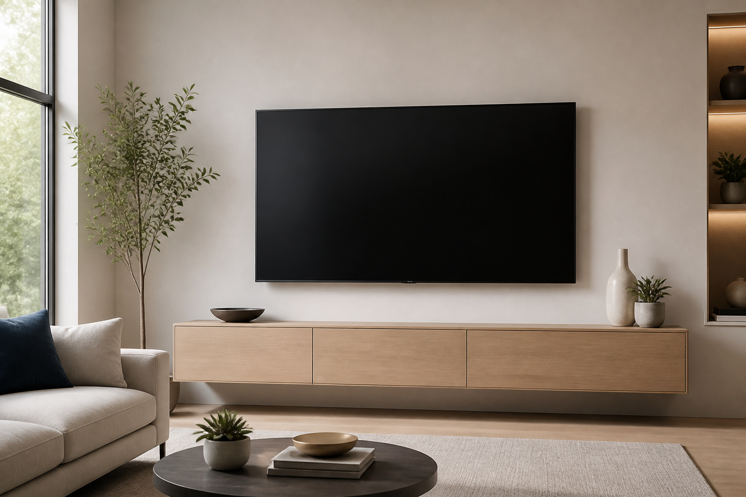 Wall-mounted TV with no visible cables above a tidy console