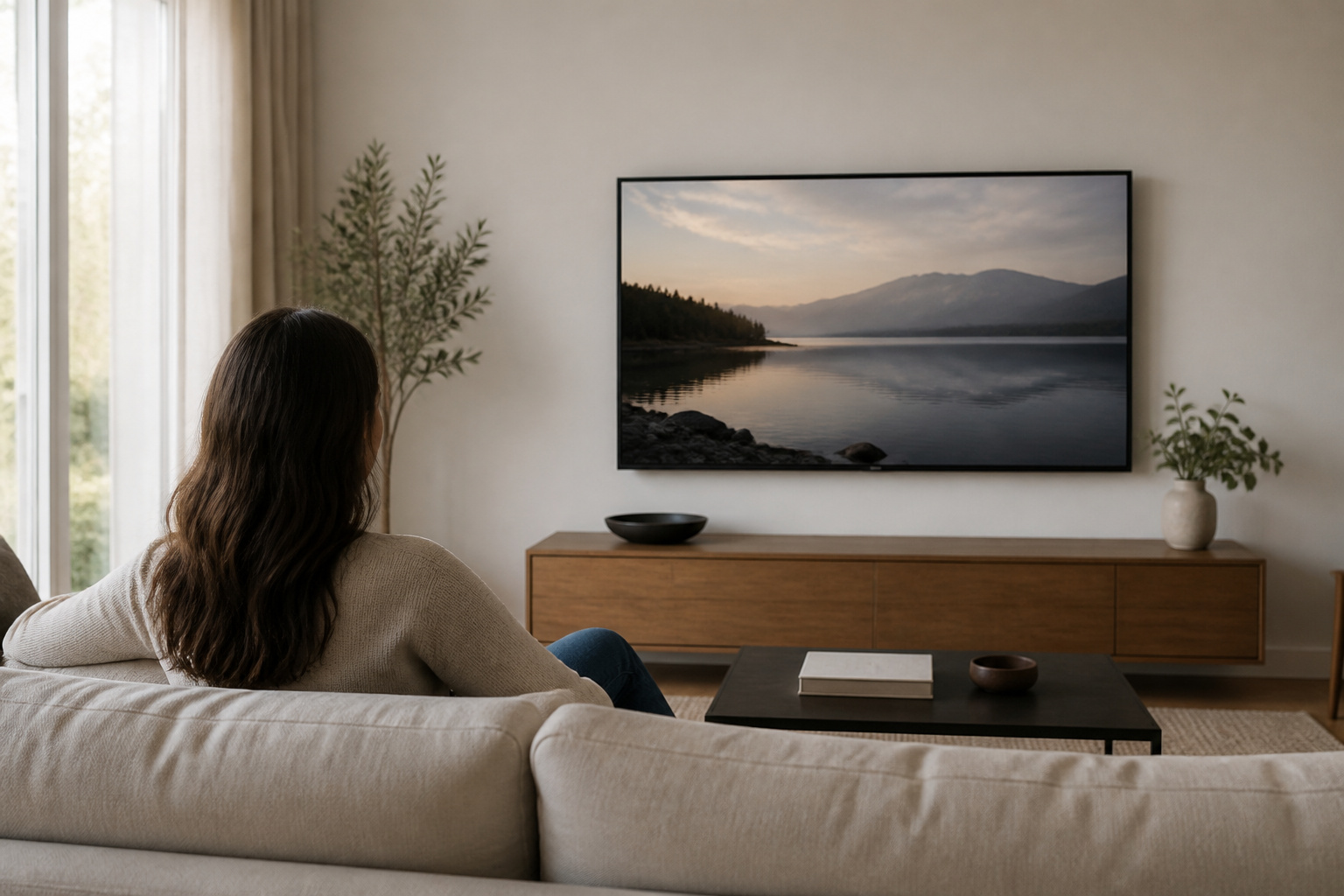 TV center aligned with a seated viewer's eye level