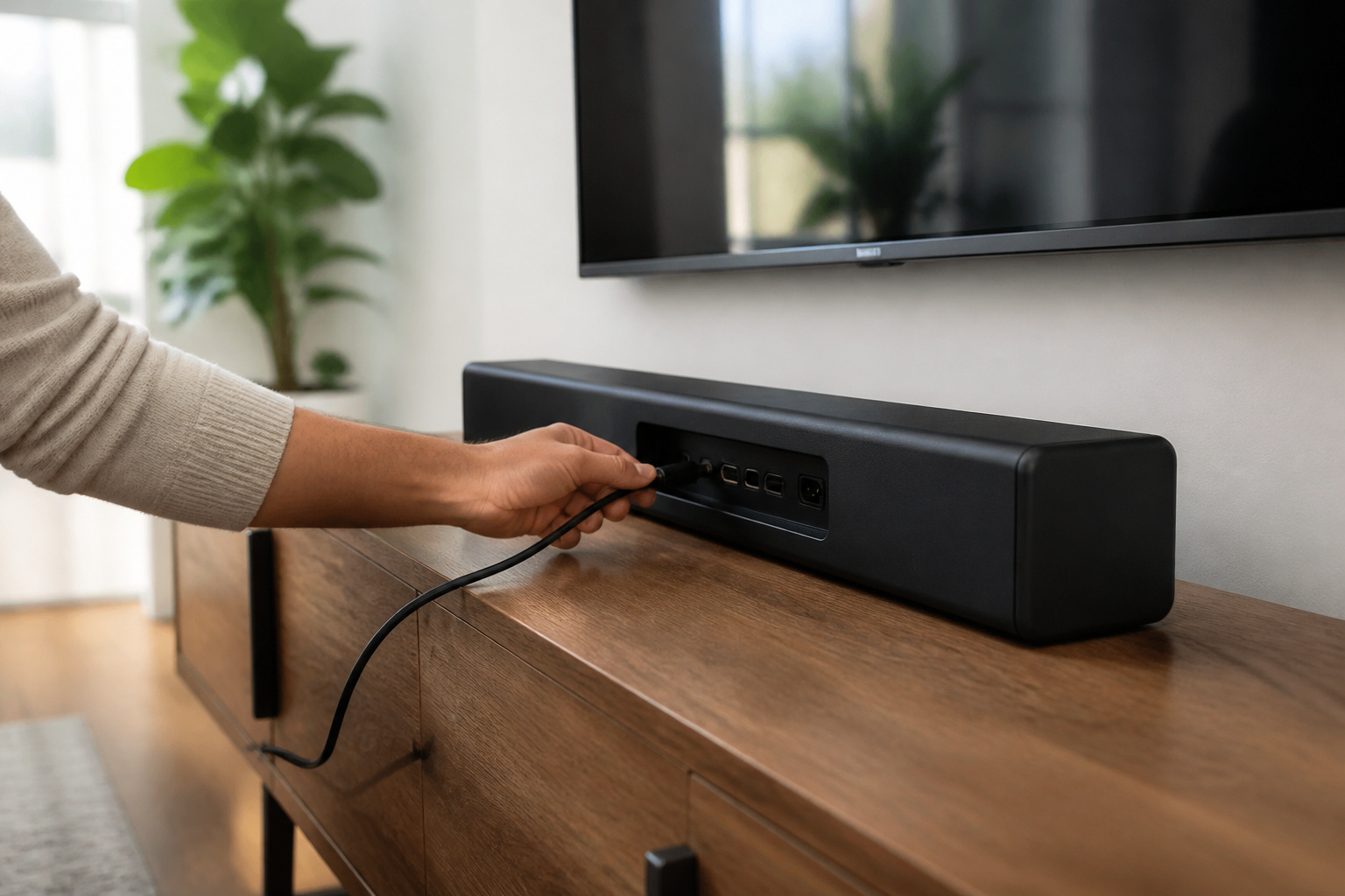 Person connecting a soundbar to a TV with an HDMI cable