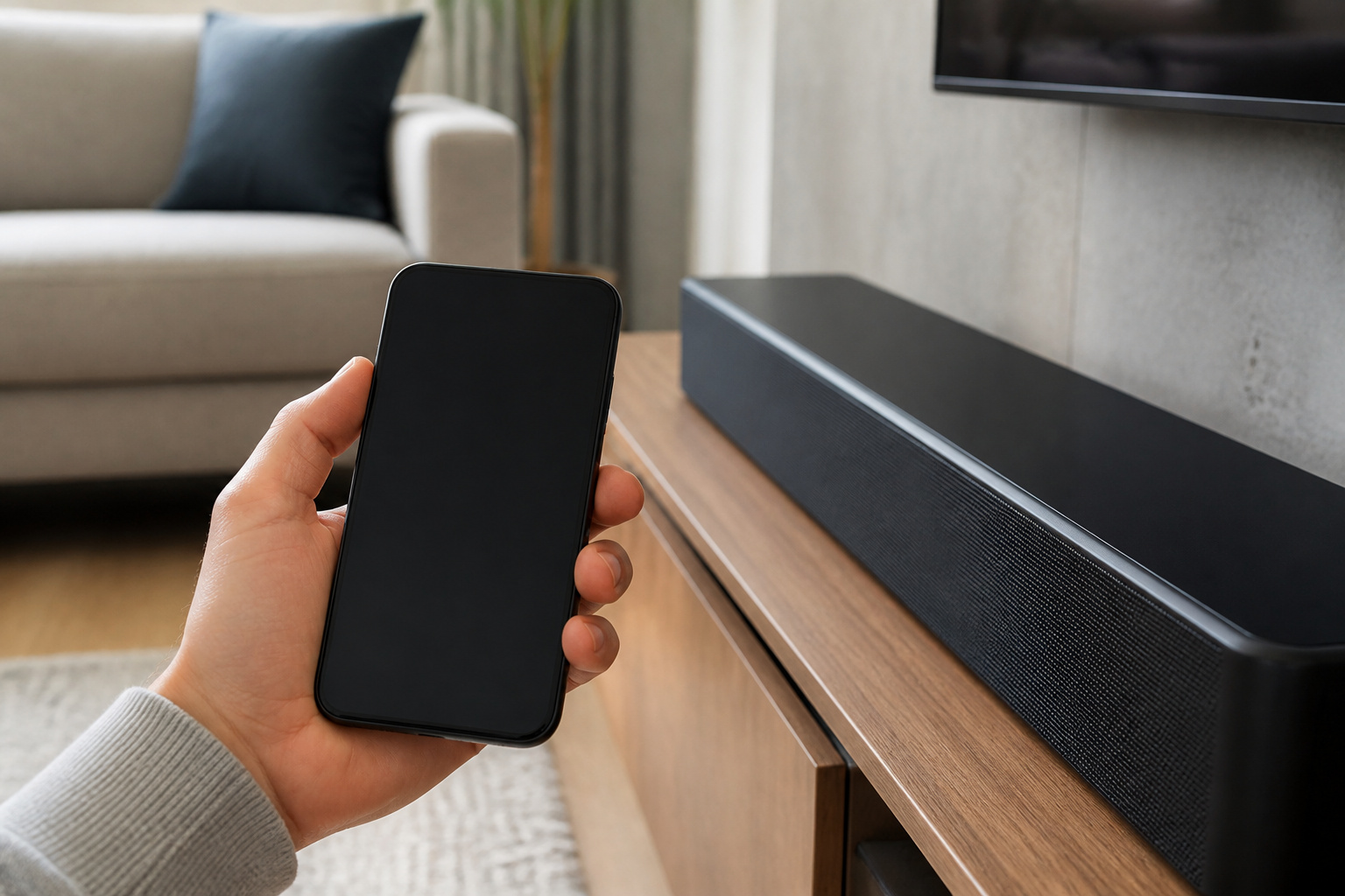 Hand holding a phone beside a soundbar