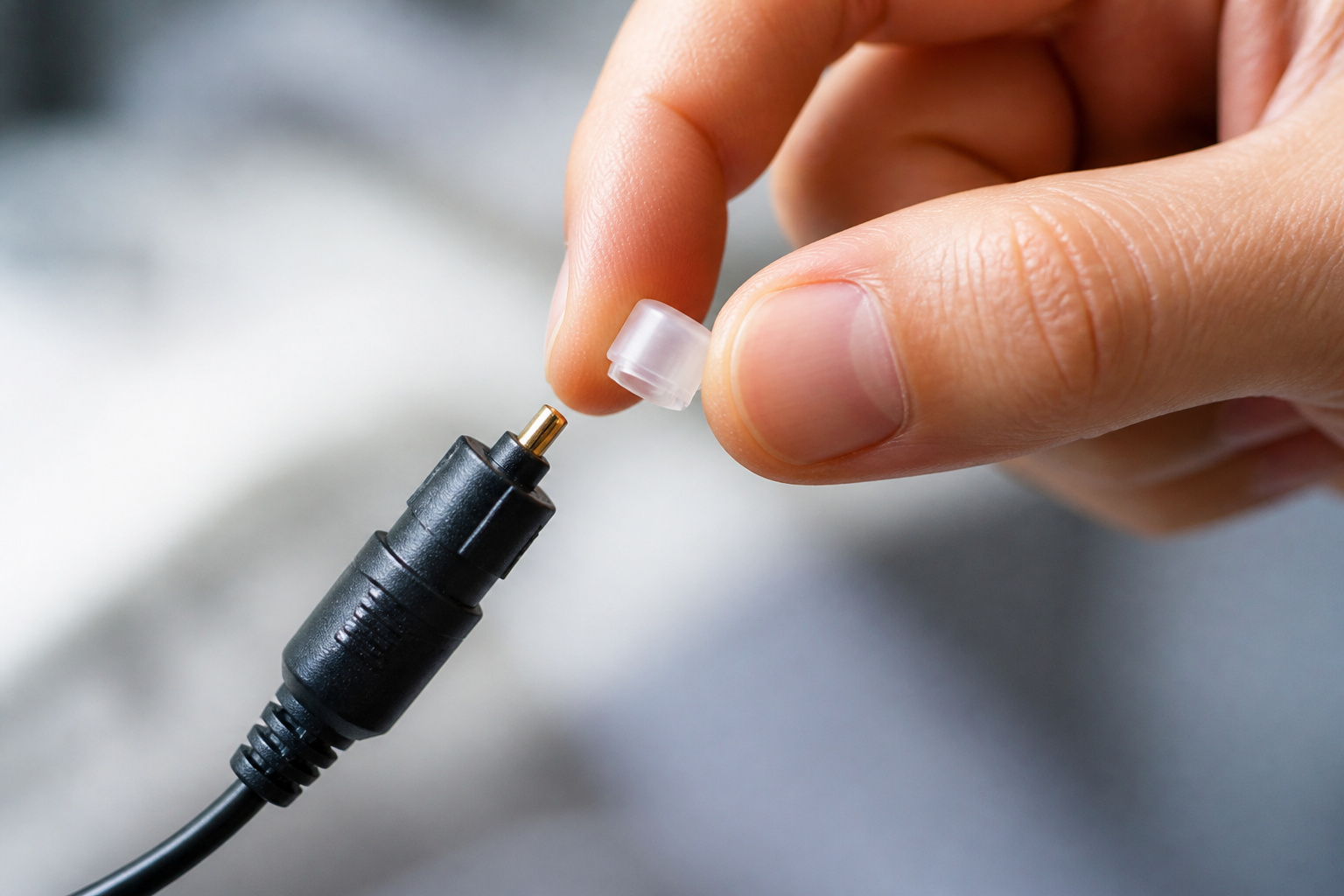 Hand preparing an optical audio cable