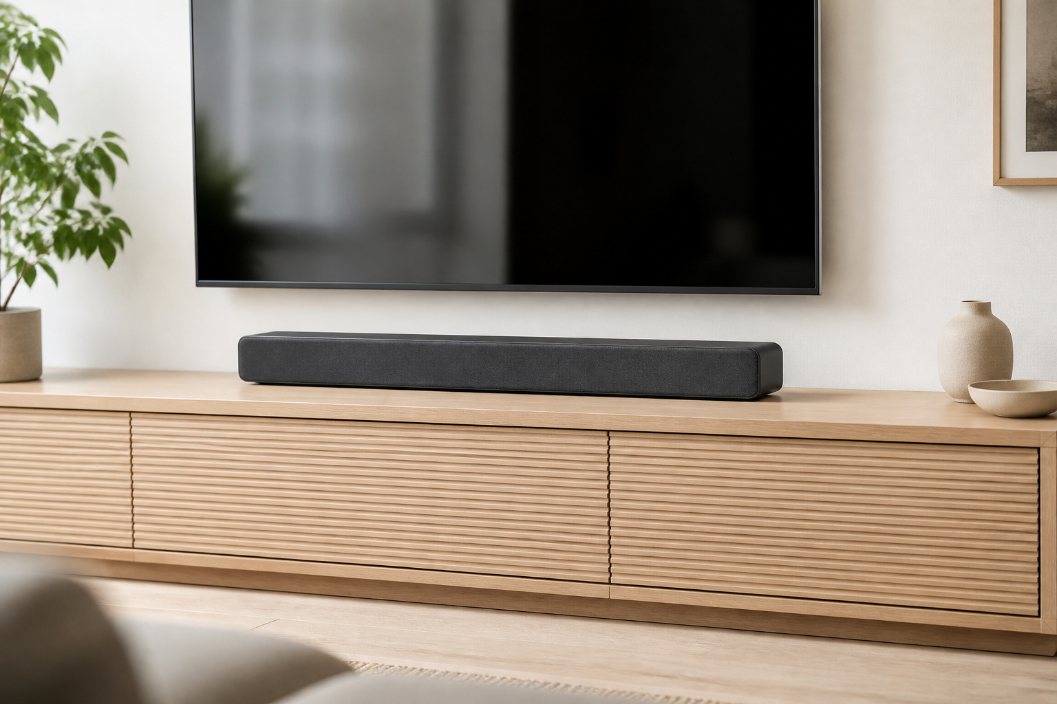 Soundbar centered below a TV with clear space