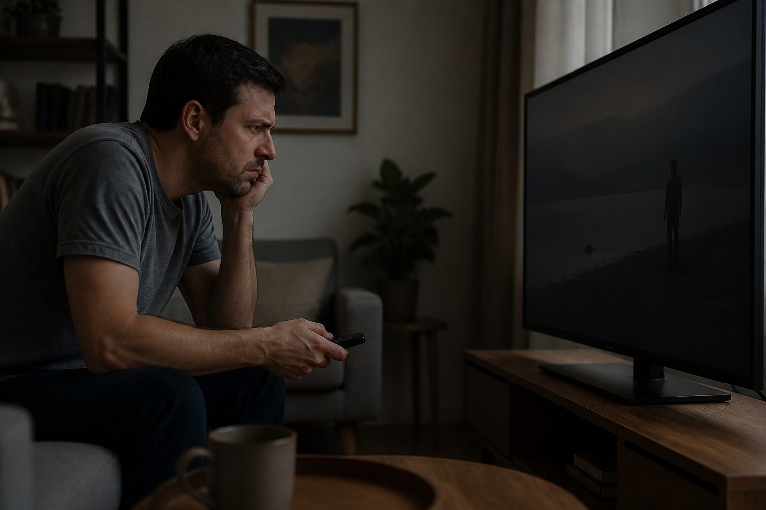 Person frowning at a dim TV picture in a living room