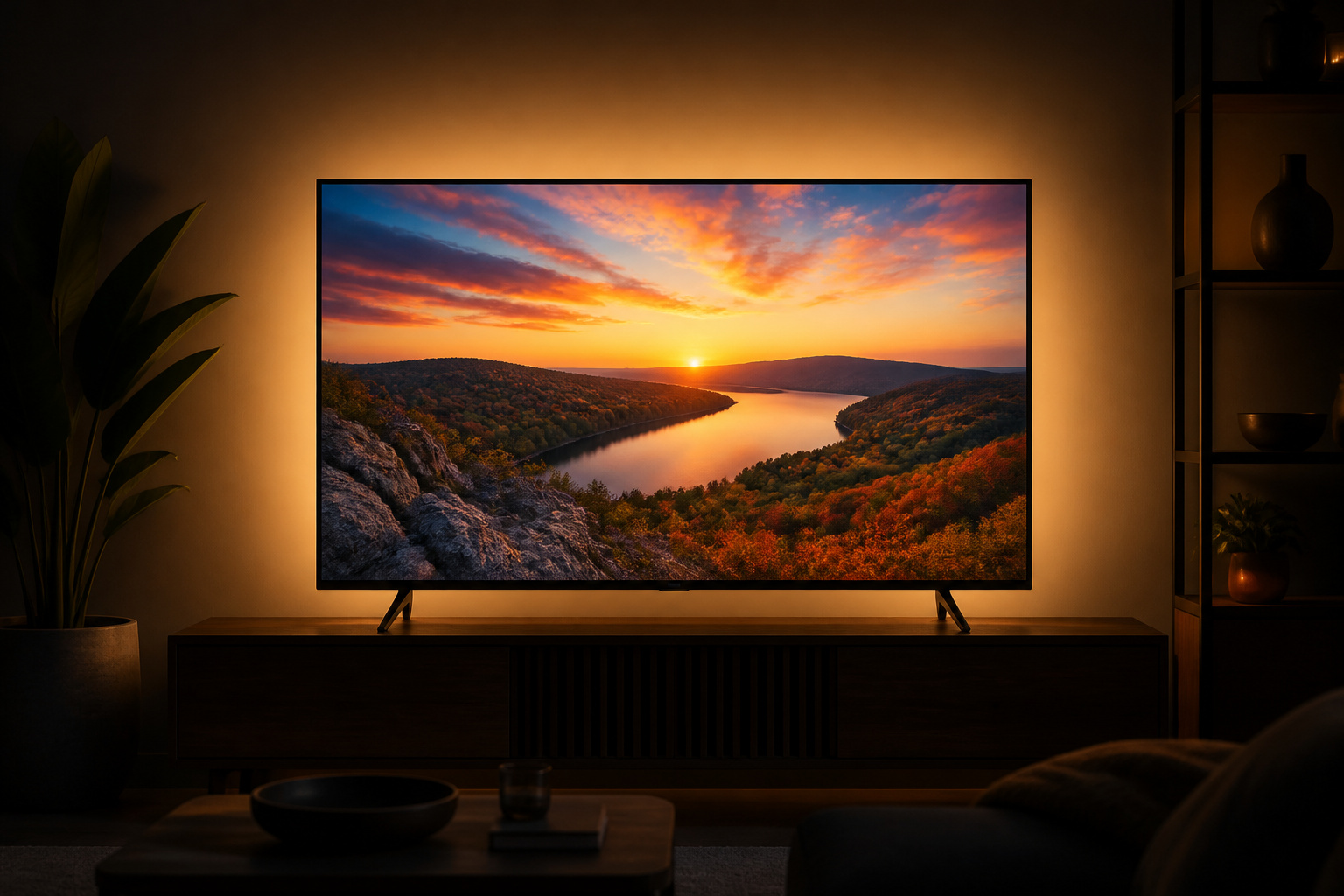 TV with a balanced picture and soft backlight glow behind it