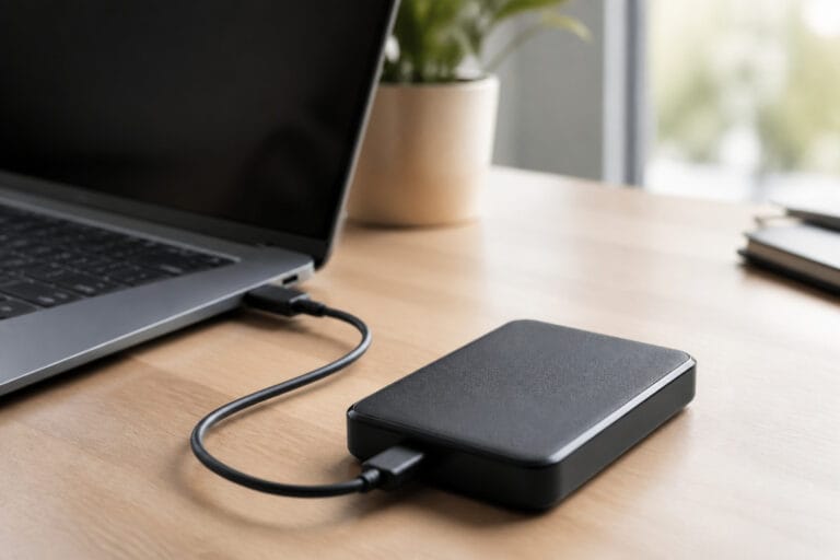 Portable external hard drive beside a laptop on a desk