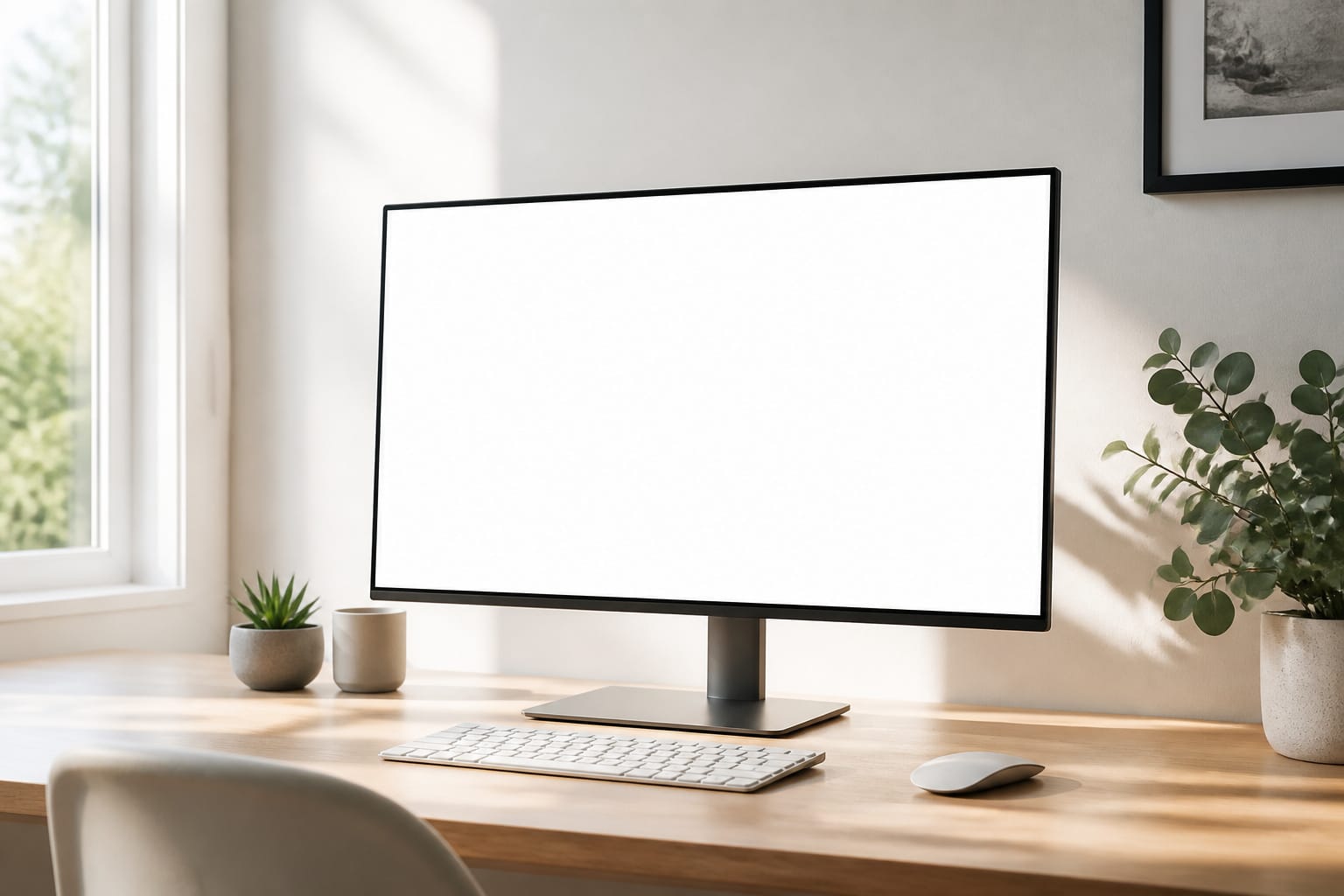 Desk with a 27 inch monitor and a keyboard