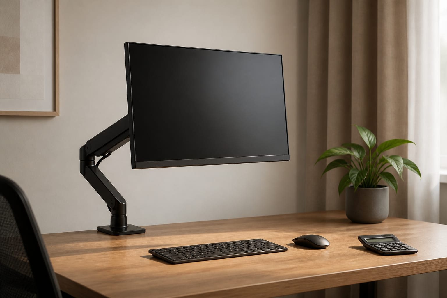 Monitor on an adjustable arm with a calculator on the desk