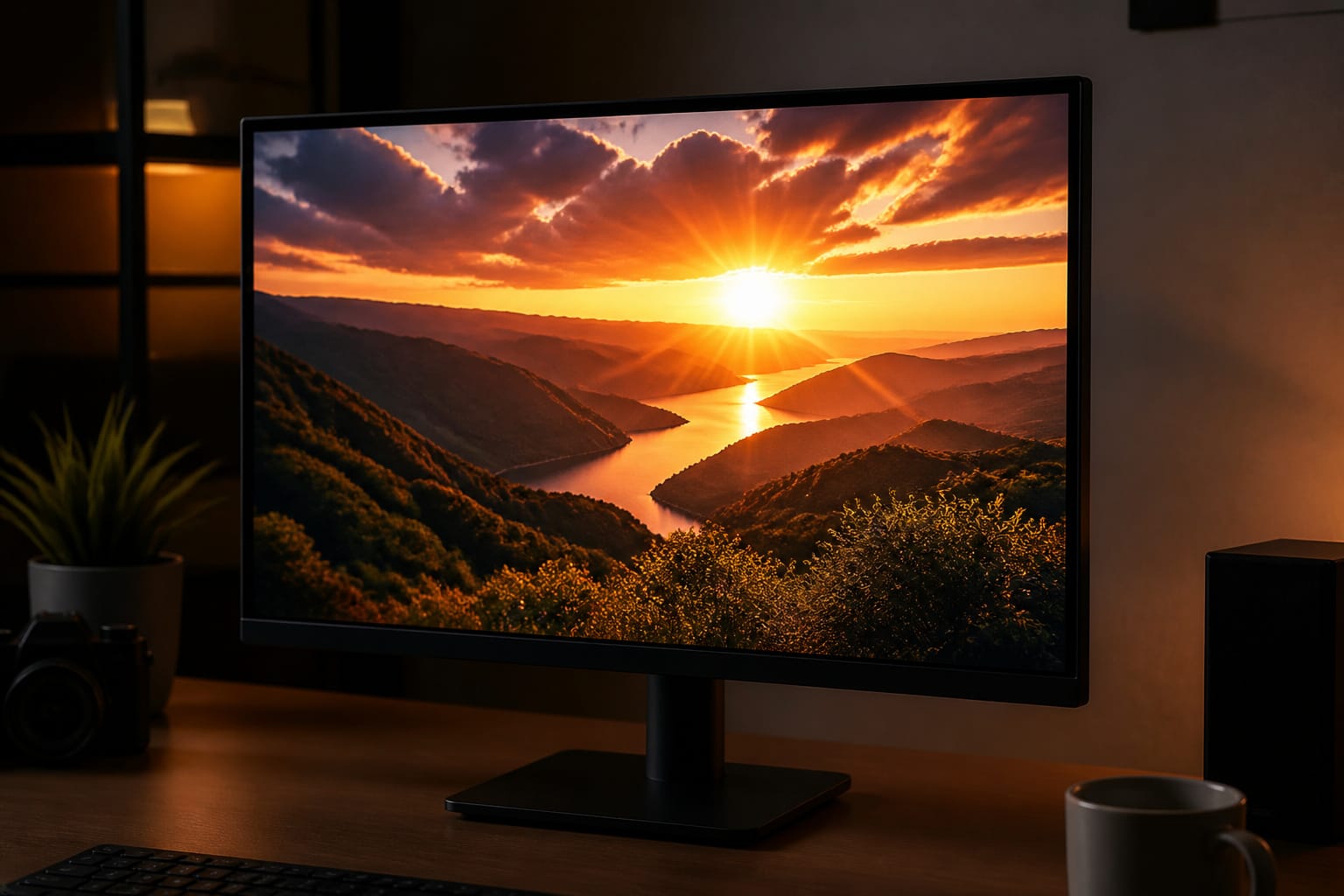 Monitor displaying a bright high contrast sunset image