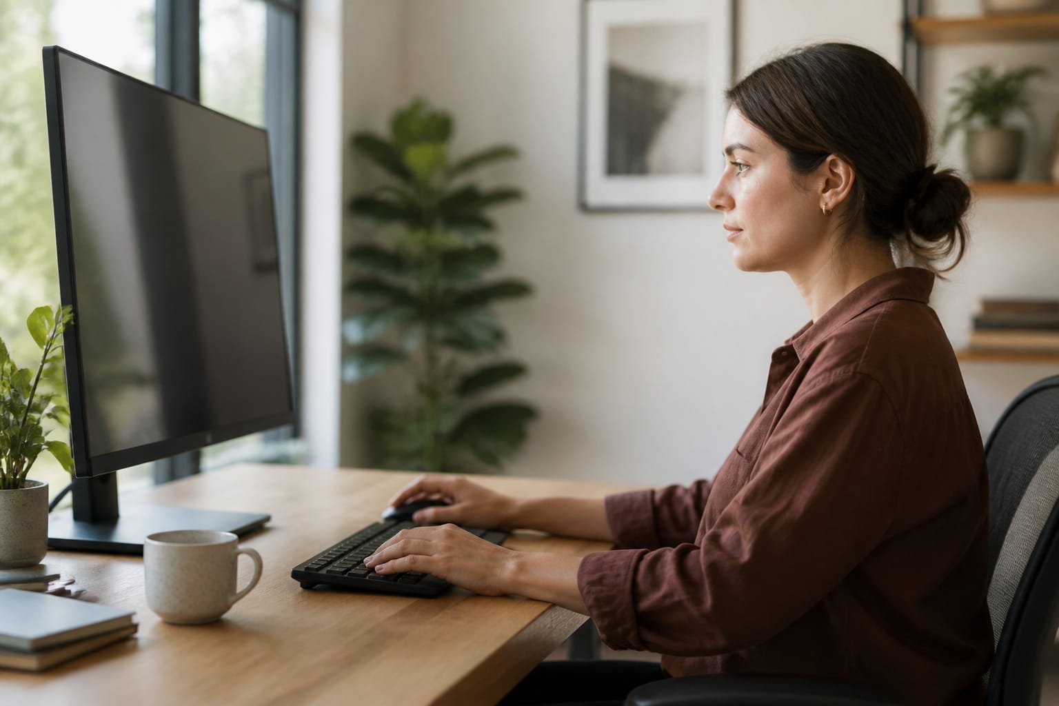Person seated at a desk with a monitor at eye level