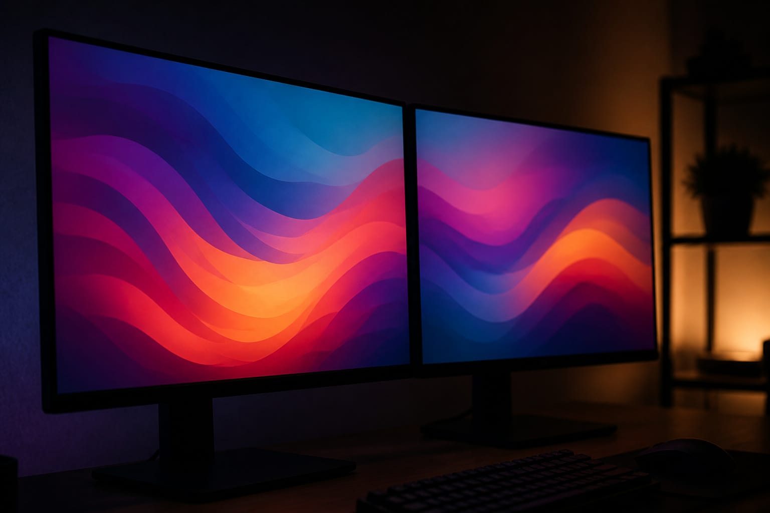 Two monitors side by side viewed from an angle
