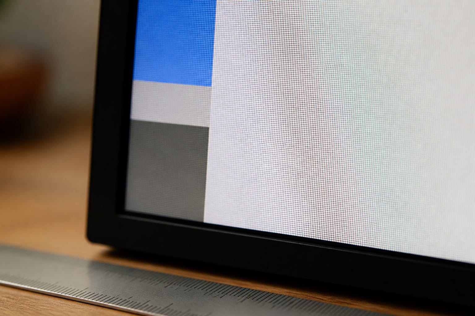 Monitor screen with sharp text beside a ruler