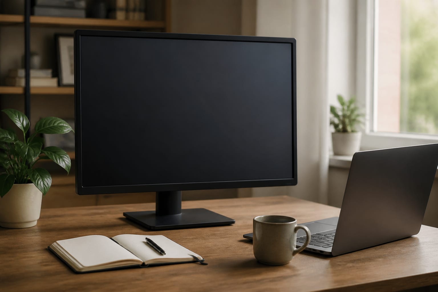 Monitor on a home office desk with a notebook and laptop