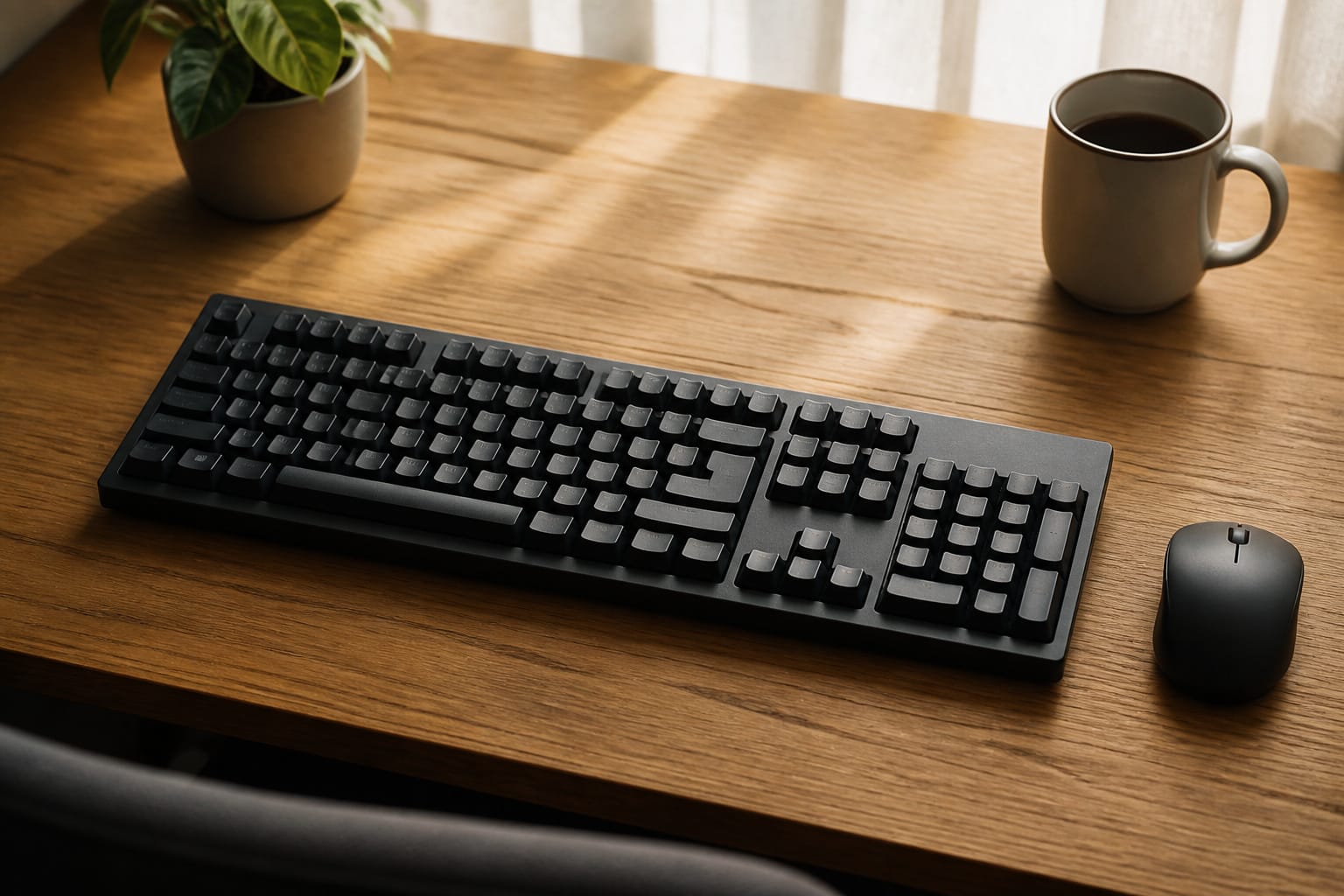 Keyboard on a wooden desk beside a mug and mouse