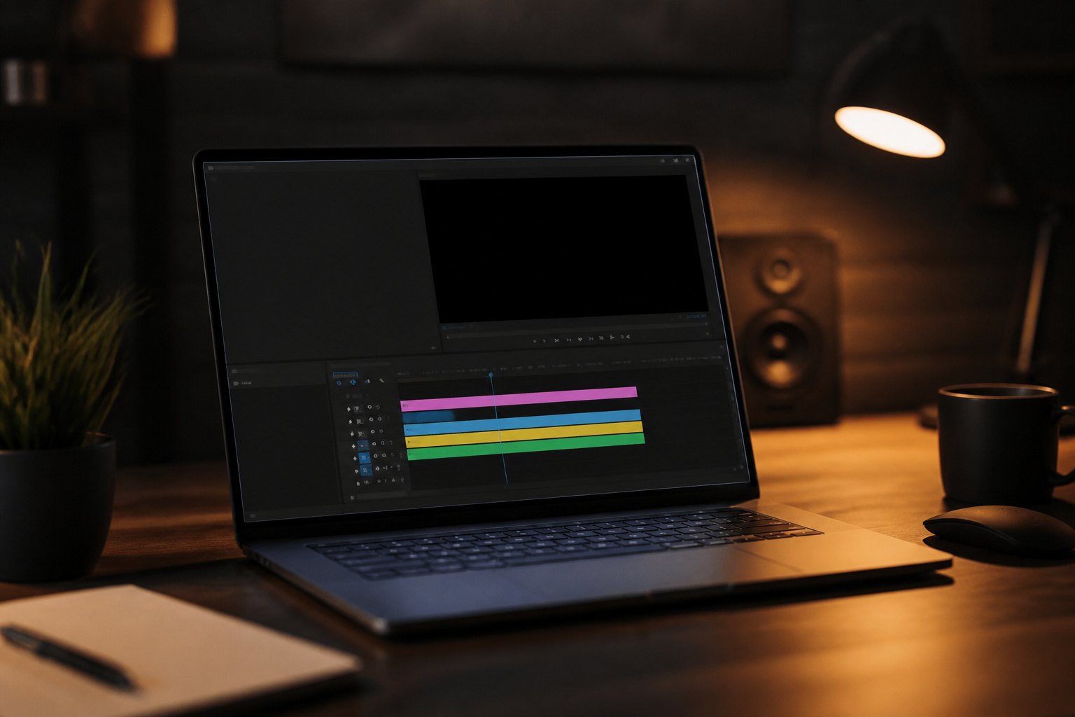 Laptop on a desk showing a video editing timeline