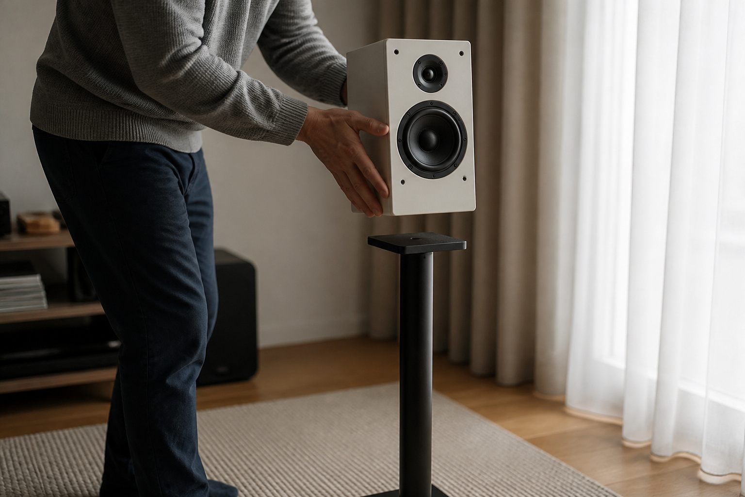 Hands repositioning a speaker onto a stand