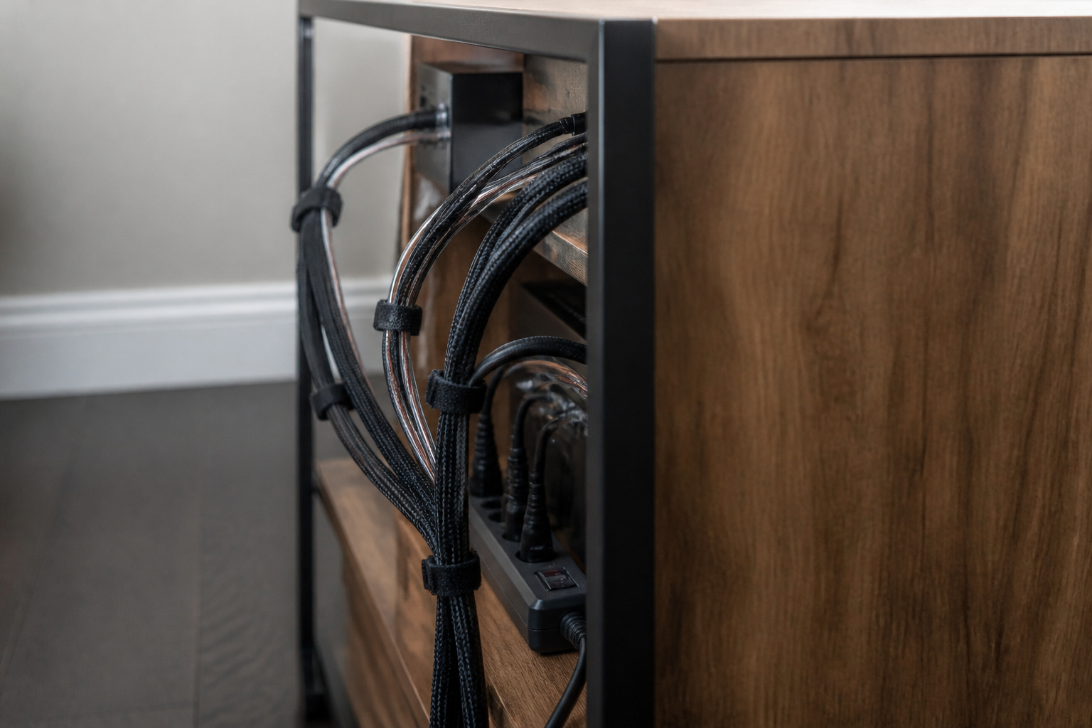 Neatly bundled audio cables behind a console